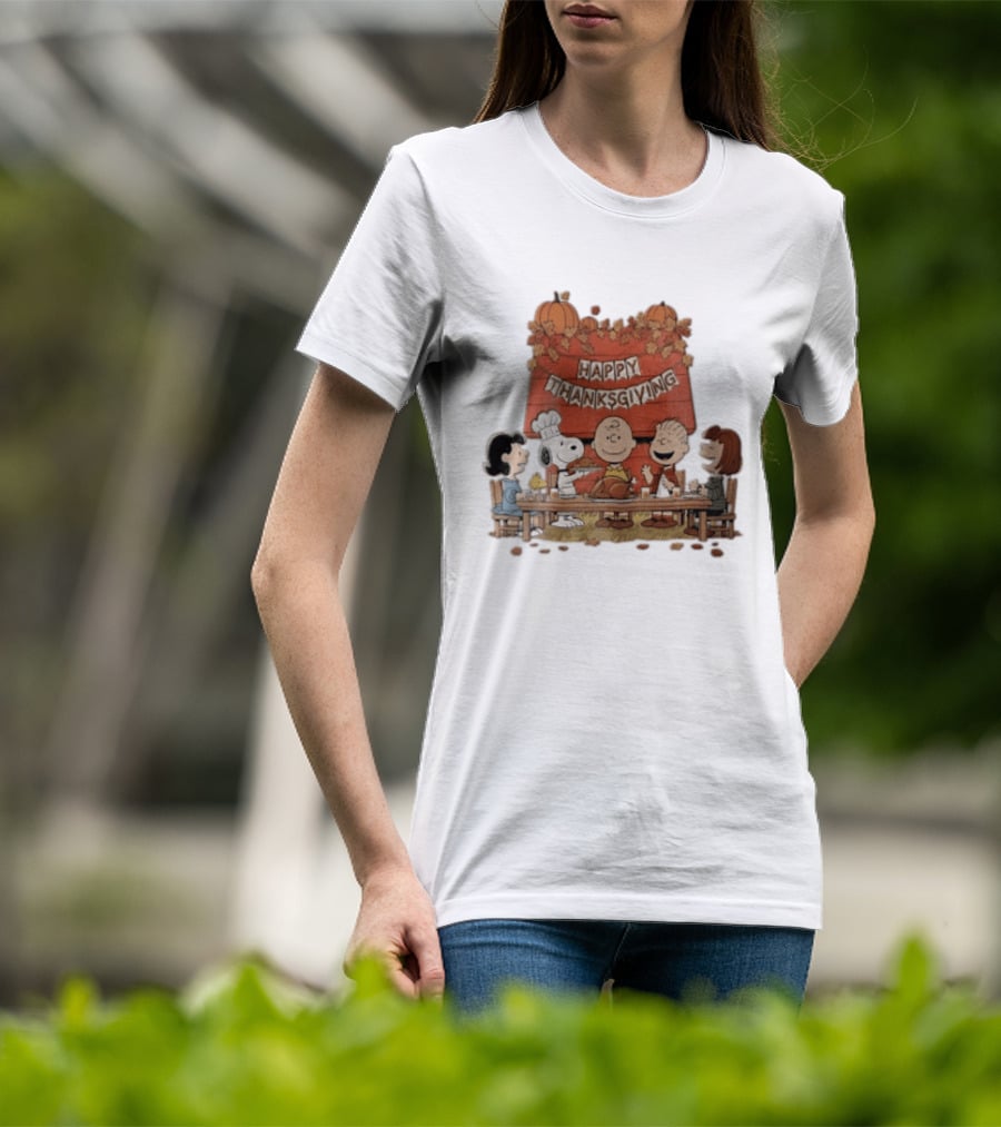 Peanuts Charlie Brown Snoopy Woodstock Lucy Linus Happy Thanksgiving Holiday Celebration T-Shirt