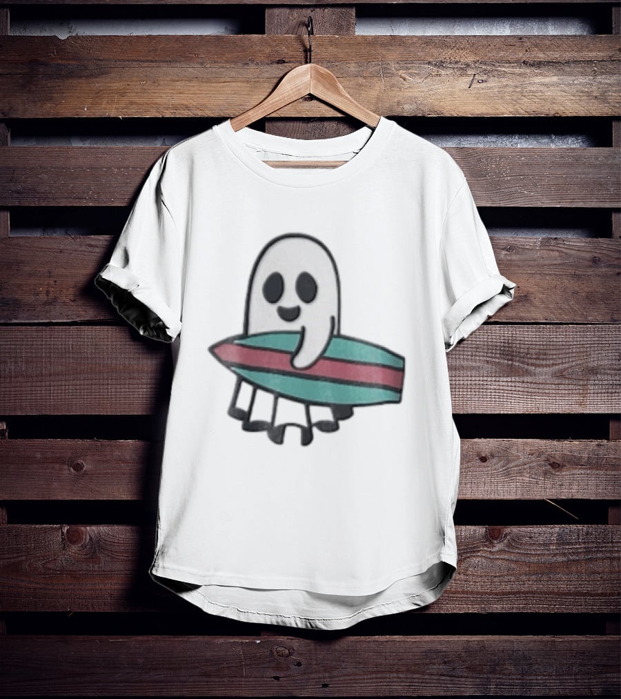 Ghost Holding Surfboard Cartoon Fun Cute Spooky Beach Vibes T-Shirt