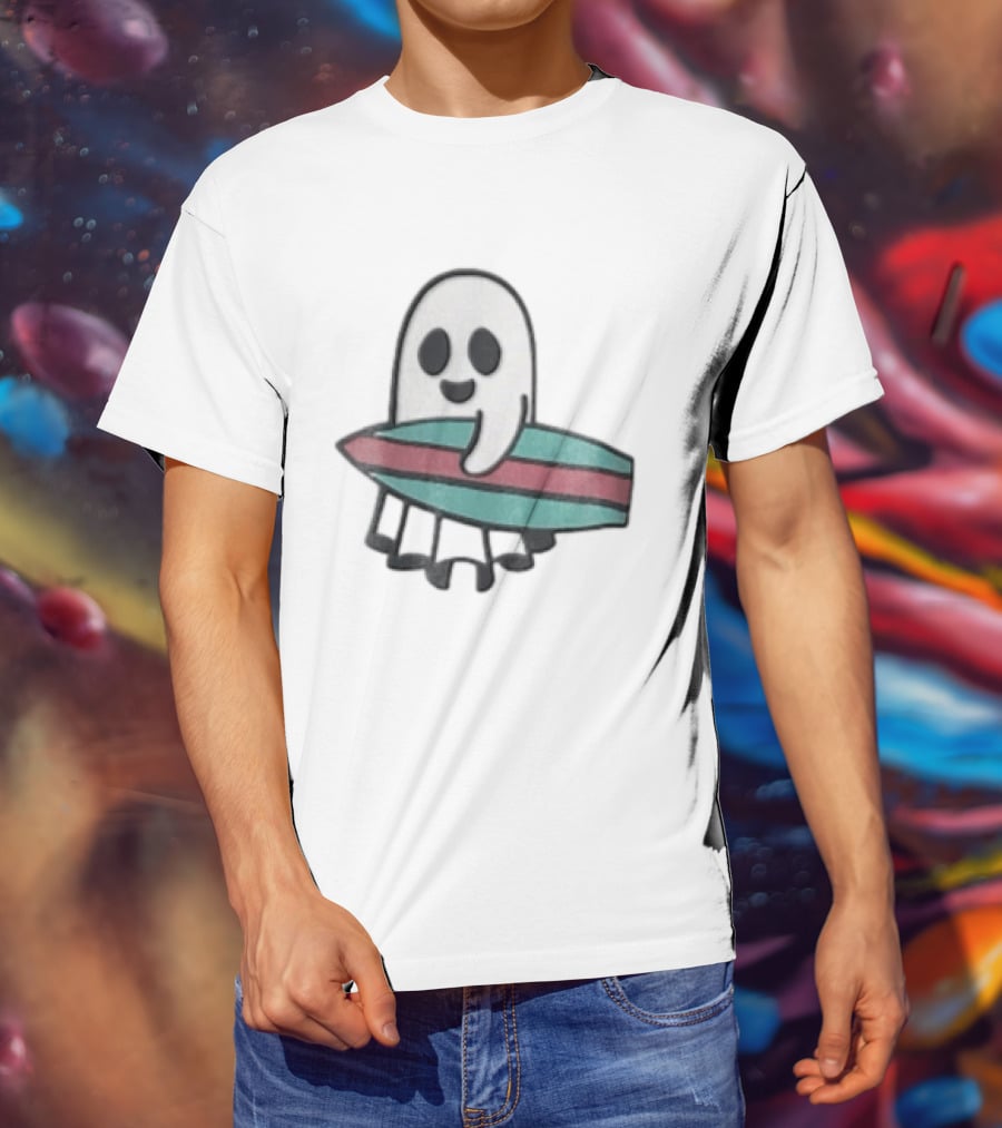 Ghost Holding Surfboard Cartoon Fun Cute Spooky Beach Vibes T-Shirt