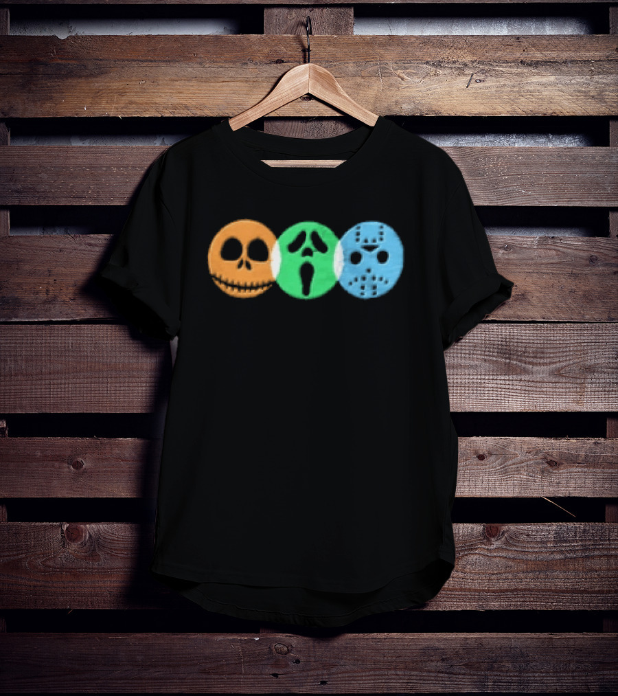 Halloween Horror Characters Colorful Circles Skulls And Masks T-Shirt