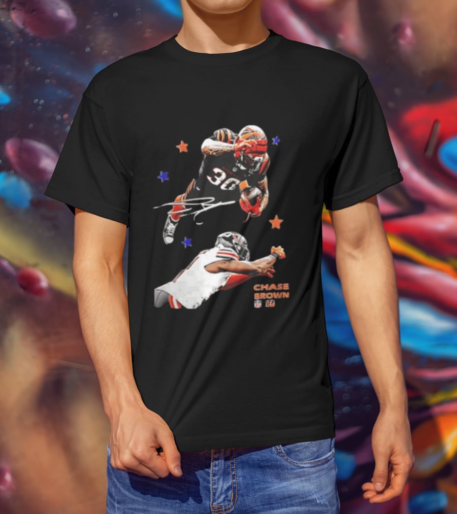 Cincinnati Bengals Chase Brown 30 Running Football Player With Stars T-Shirt