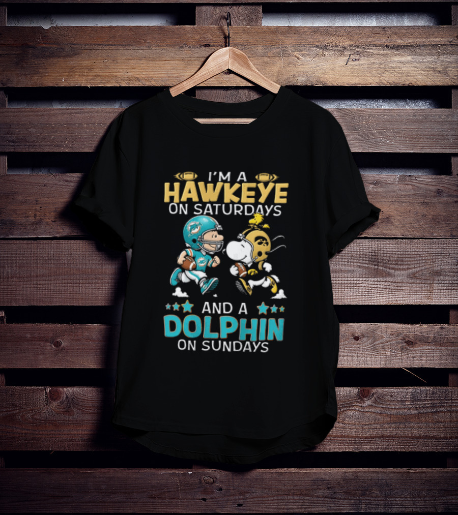 Hawkeye On Saturdays Dolphin On Sundays Charlie Brown Snoopy Woodstock Football T-Shirt