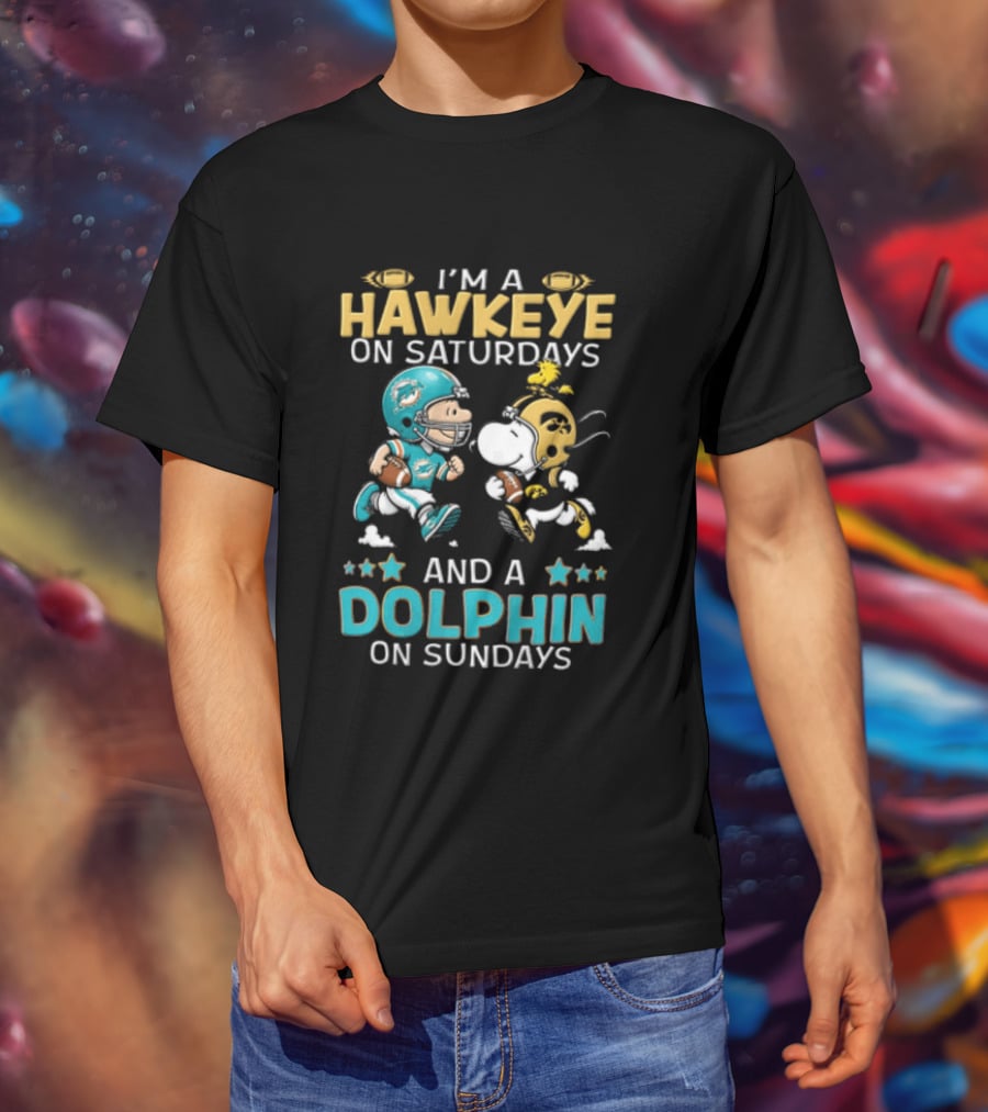 Hawkeye On Saturdays Dolphin On Sundays Charlie Brown Snoopy Woodstock Football T-Shirt