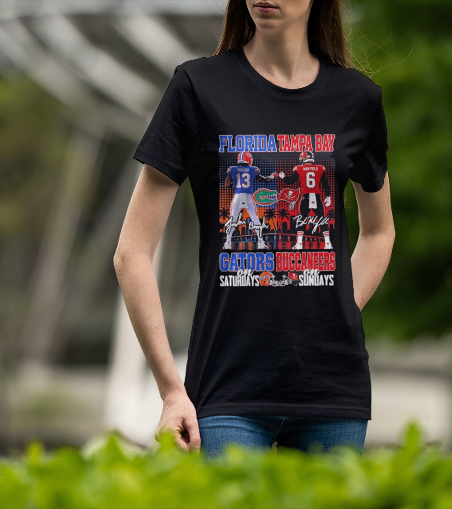 Florida Tampa Bay Gators Buccaneers Saturdays Sundays Baugh Mayfield Skyline T-Shirt
