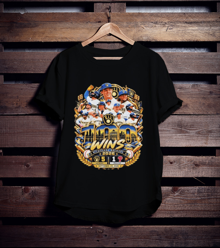 Milwaukee Brewers 100 Wins Celebration Vs Philadelphia Phillies September 24 2026 T-Shirt