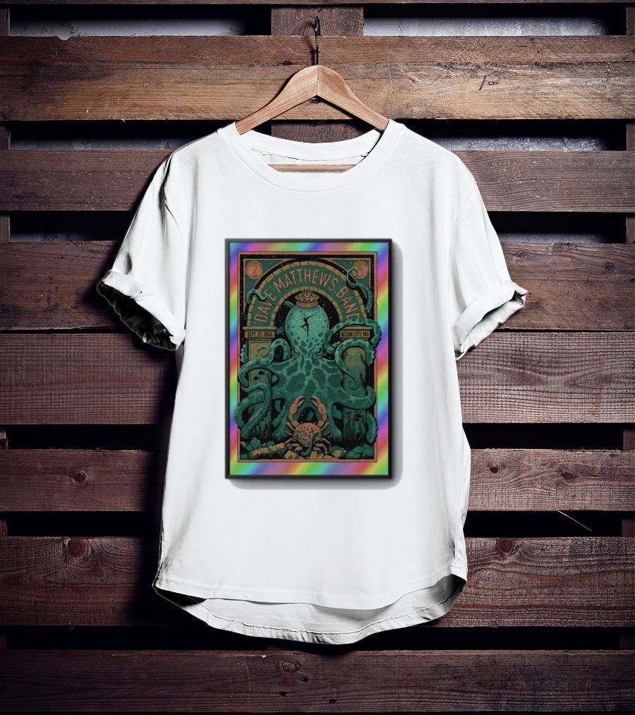 Dave Matthews Band Sept 25 2026 Ocean City MD Octopus And Crab Rainbow Border T-Shirt