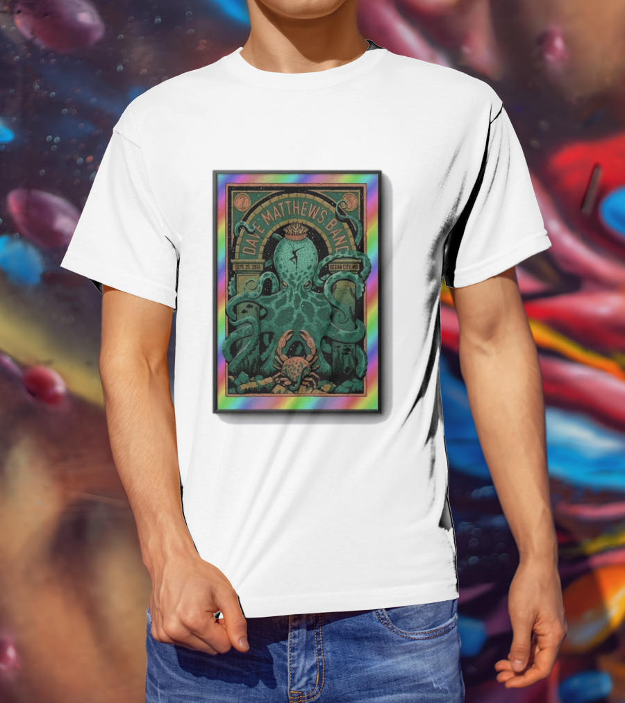 Dave Matthews Band Sept 25 2026 Ocean City MD Octopus And Crab Rainbow Border T-Shirt
