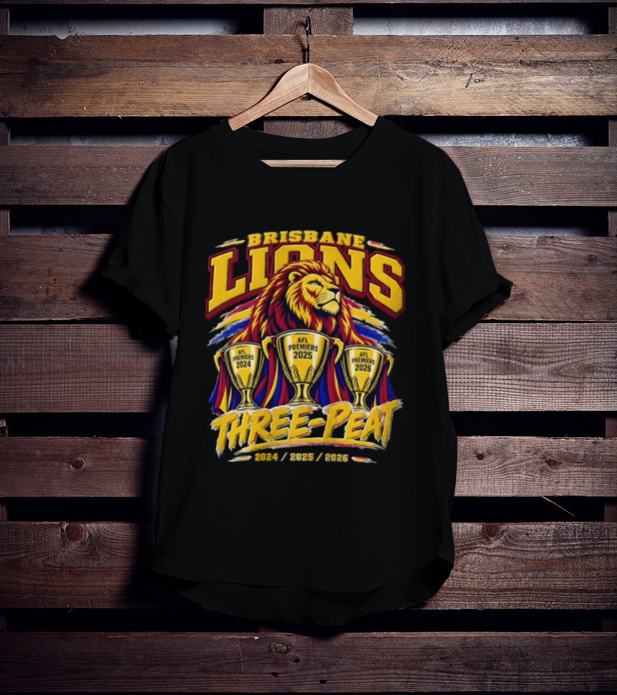 Brisbane Lions Three Peat 2024 2025 2026 Premiership Lion Trophy Celebration T-Shirt