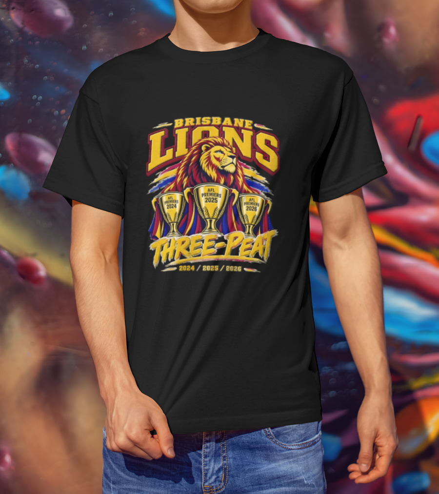 Brisbane Lions Three Peat 2024 2025 2026 Premiership Lion Trophy Celebration T-Shirt