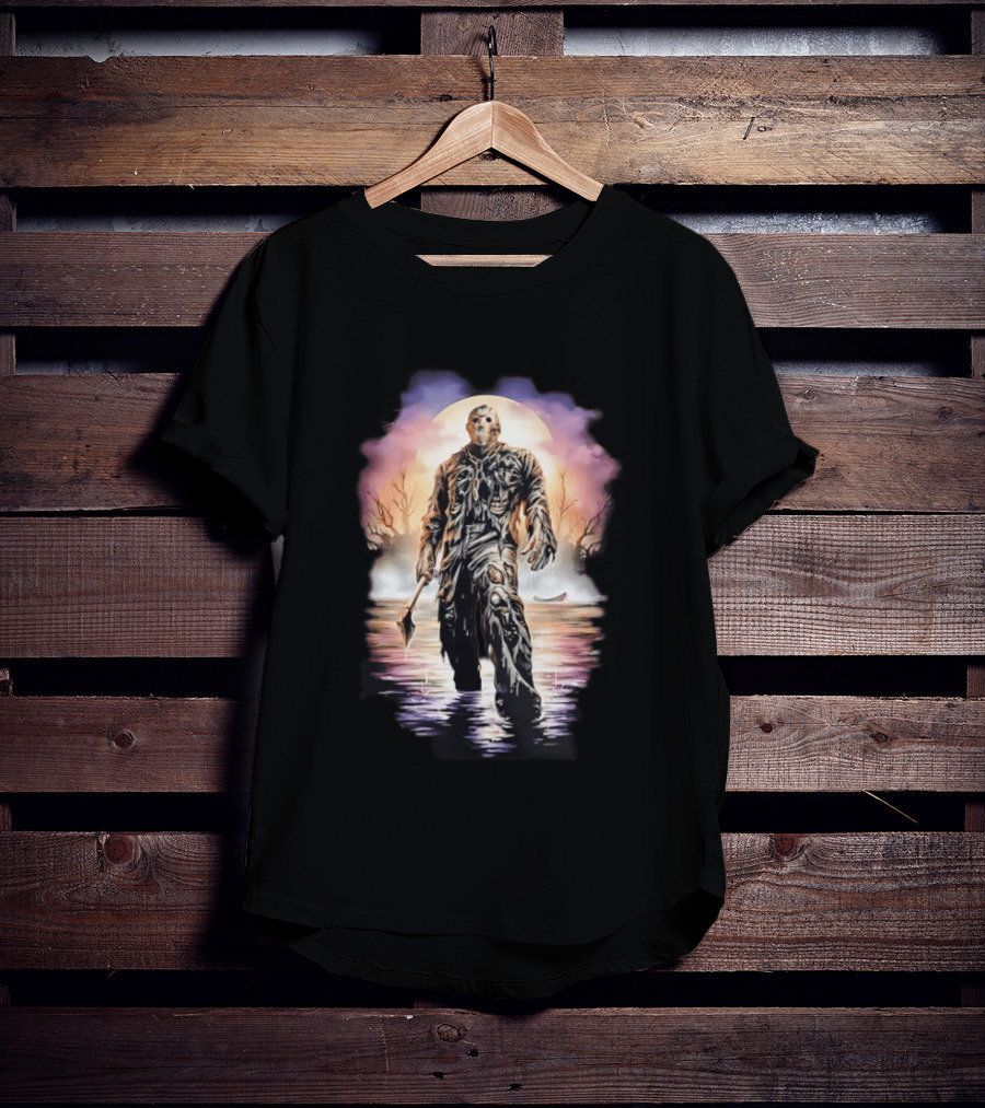 Friday The 13th Jason Voorhees Horror Halloween Mask Machete Lake Scene T-Shirt