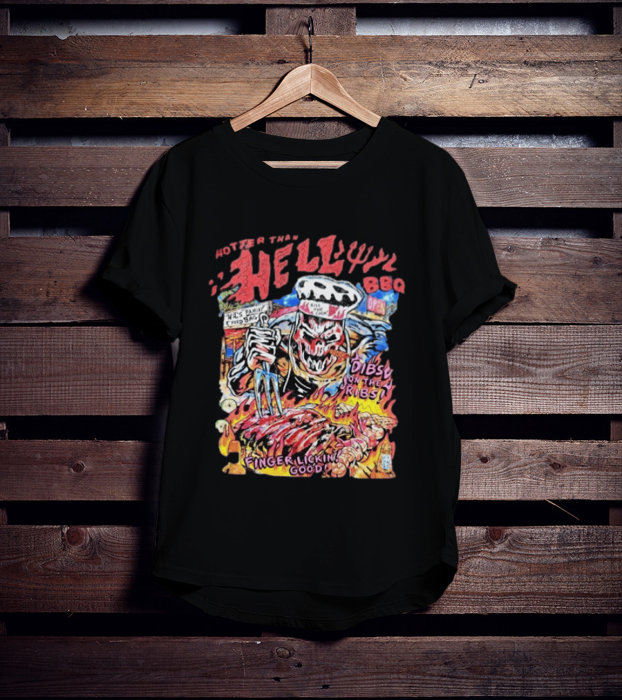 Hotter Than Hell BBQ Kiss The Cook Dibs On The Ribs Finger Lickin Good T-Shirt