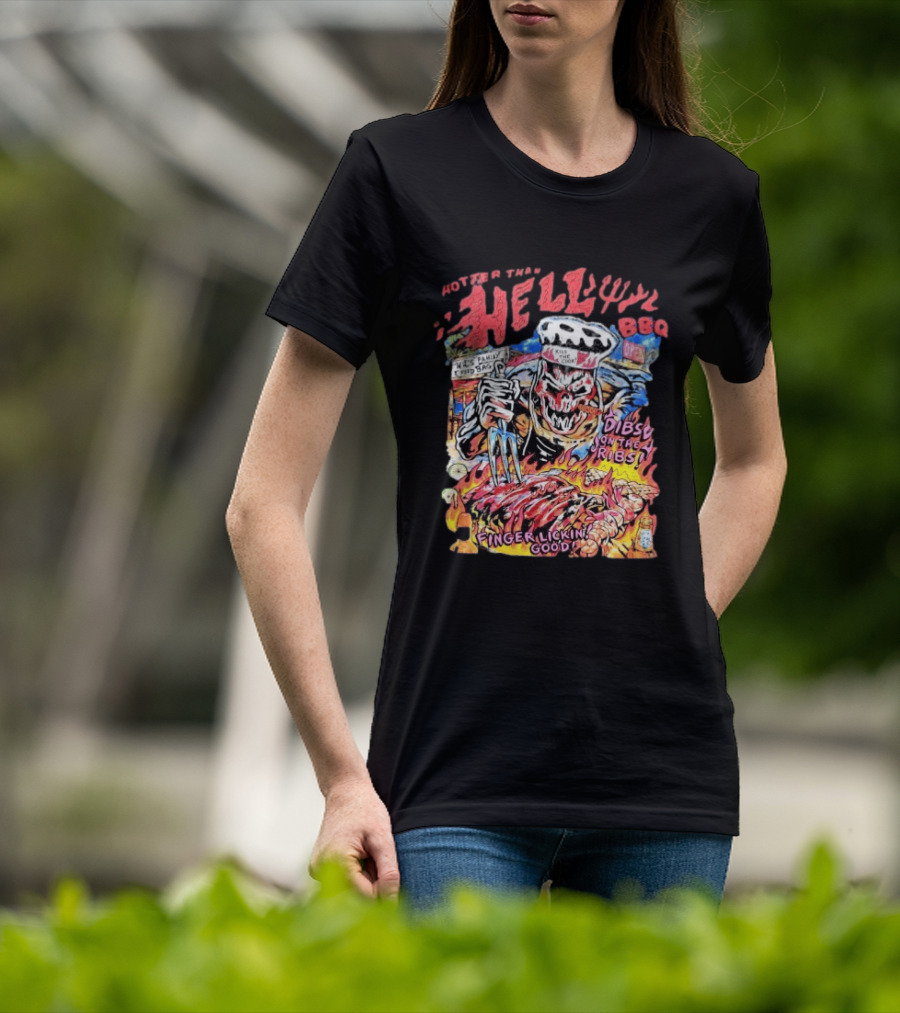 Hotter Than Hell BBQ Kiss The Cook Dibs On The Ribs Finger Lickin Good T-Shirt