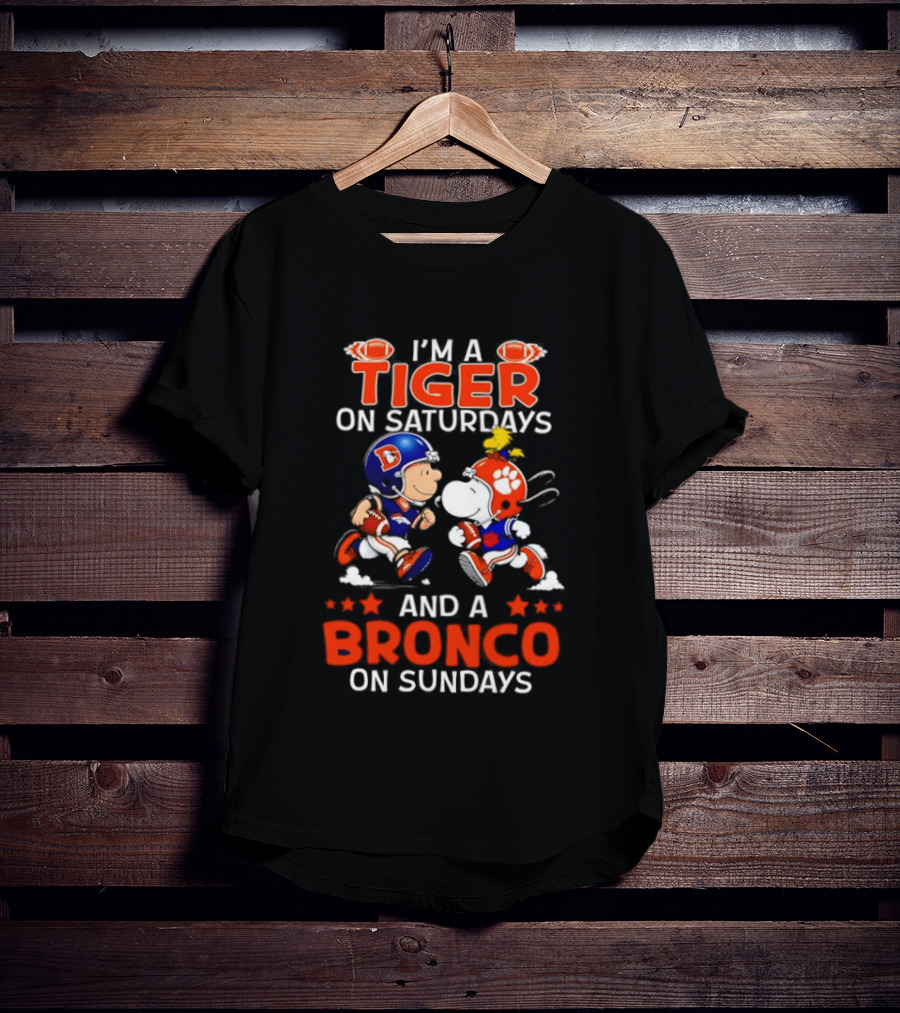 Snoopy And Charlie Brown I'm A Tiger On Saturdays And A Bronco On Sundays Football Fun T-Shirt