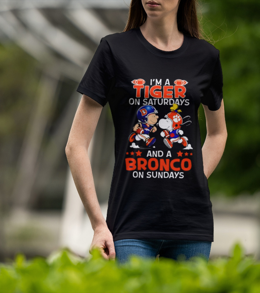Snoopy And Charlie Brown I'm A Tiger On Saturdays And A Bronco On Sundays Football Fun T-Shirt