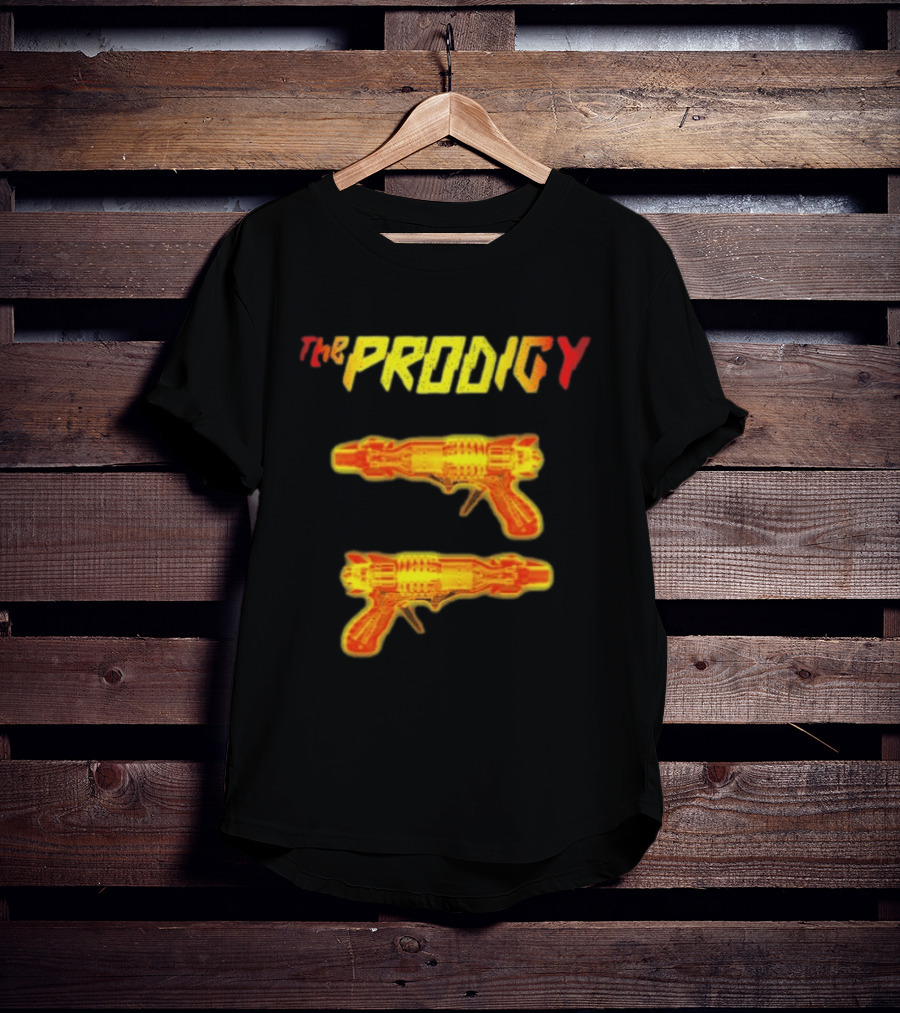 The Prodigy Rayguns Yellow And Red Bold Lettering With Dual Ray Guns T-Shirt
