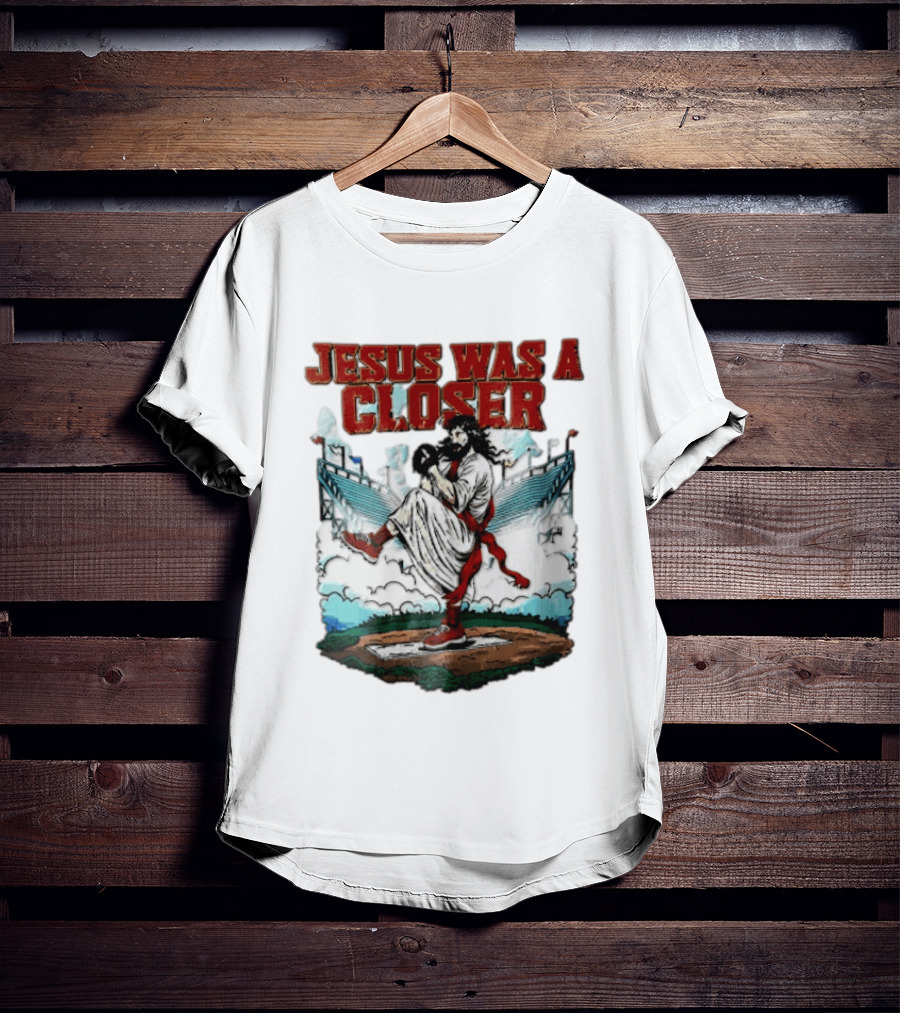 Jesus Was A Closer Baseball Pitcher Heavenly Stadium Scene T-Shirt