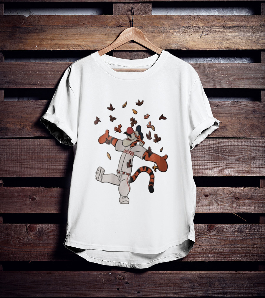 Tigger In Boston Baseball Uniform Enjoying Falling Leaves T-Shirt