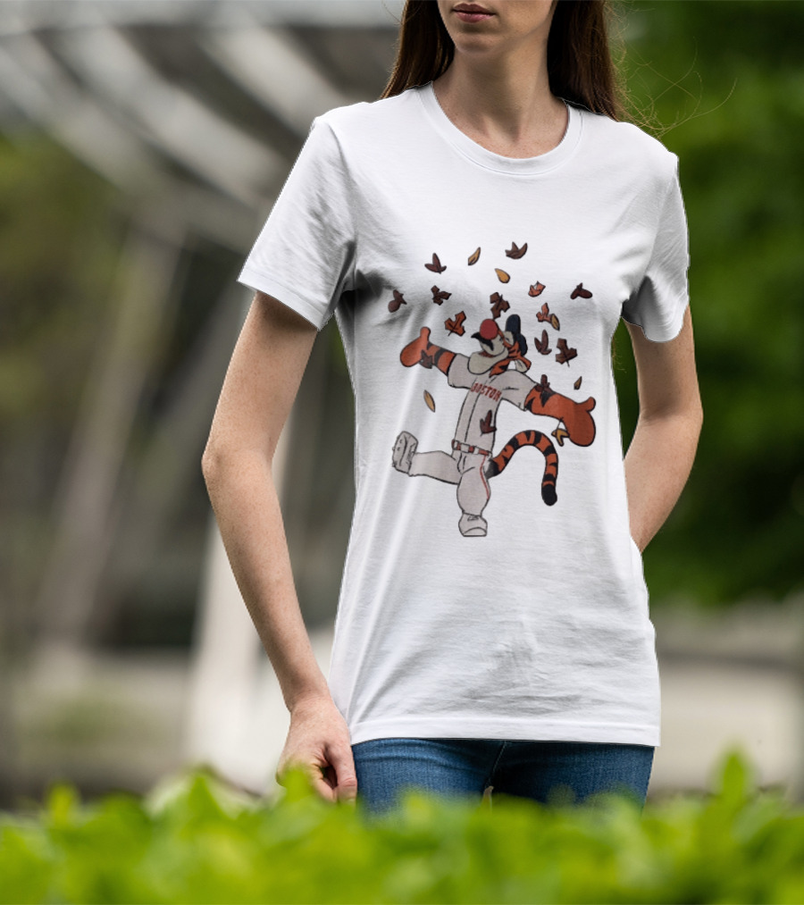 Tigger In Boston Baseball Uniform Enjoying Falling Leaves T-Shirt