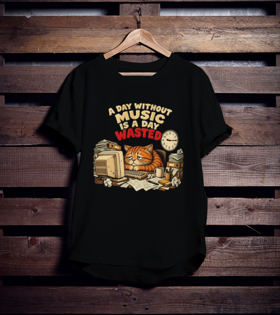 A Day Without Music Is A Day Wasted Sad Orange Cat Office Desk Motivation T-Shirt