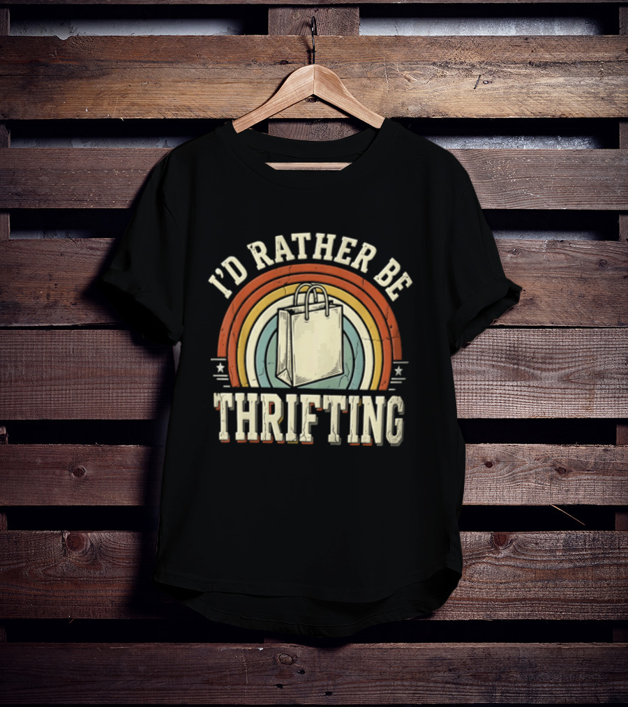 I'd Rather Be Thrifting Shopping Bag Retro Rainbow Stars T-Shirt