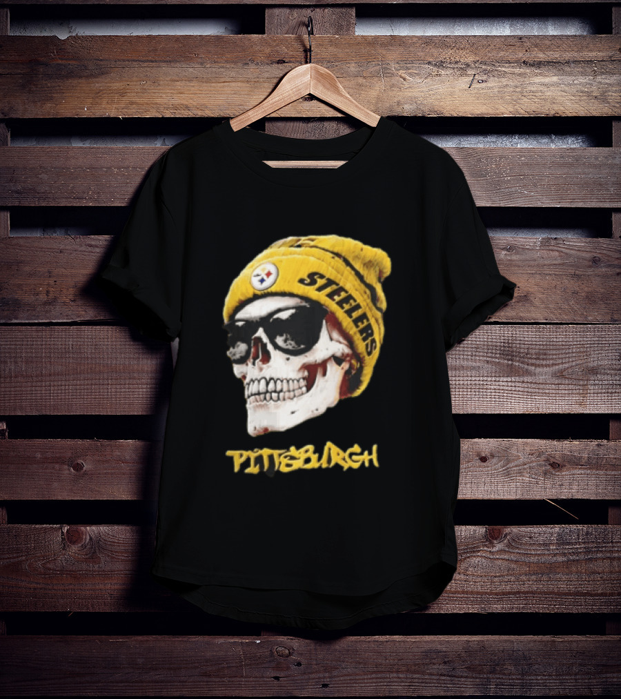 Pittsburgh Steelers Skull Yellow Beanie Sunglasses T-Shirt