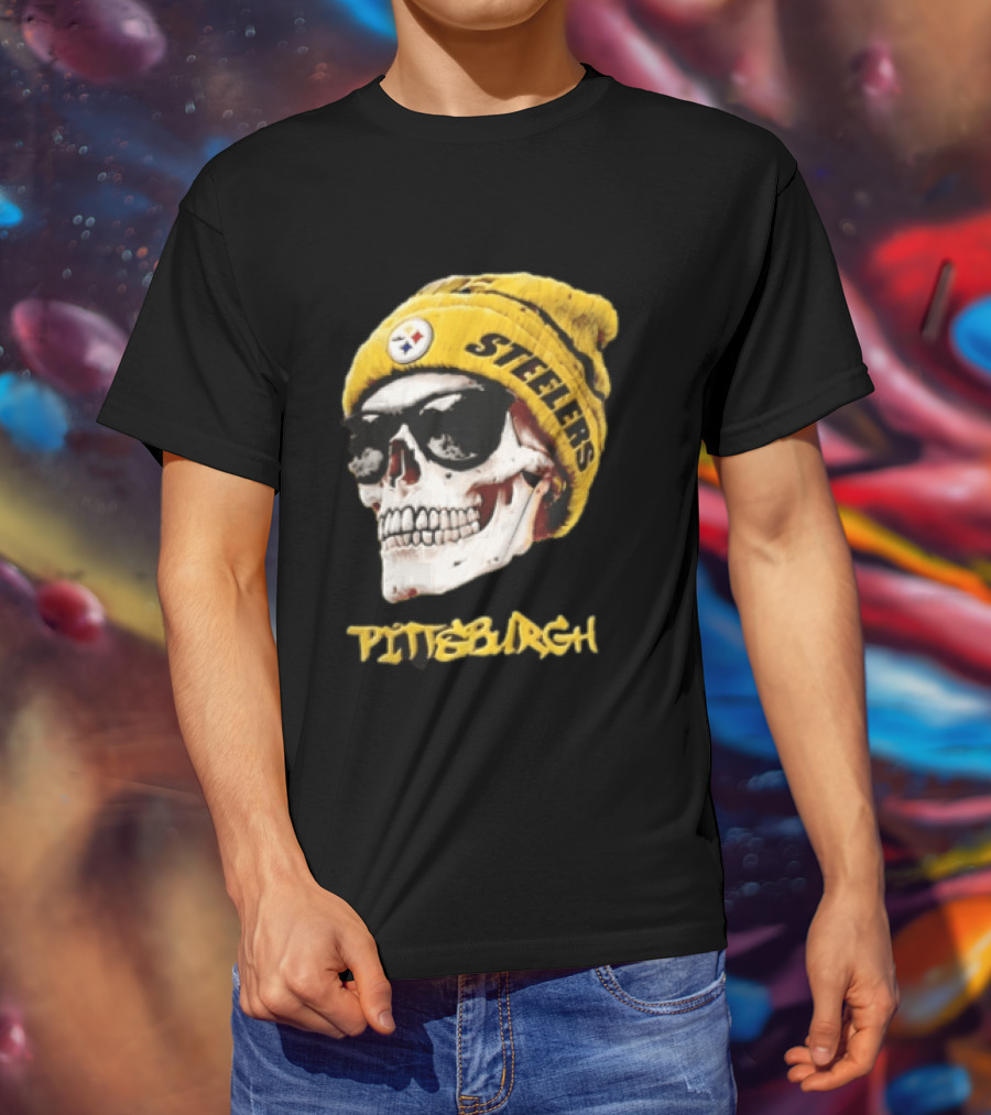 Pittsburgh Steelers Skull Yellow Beanie Sunglasses T-Shirt