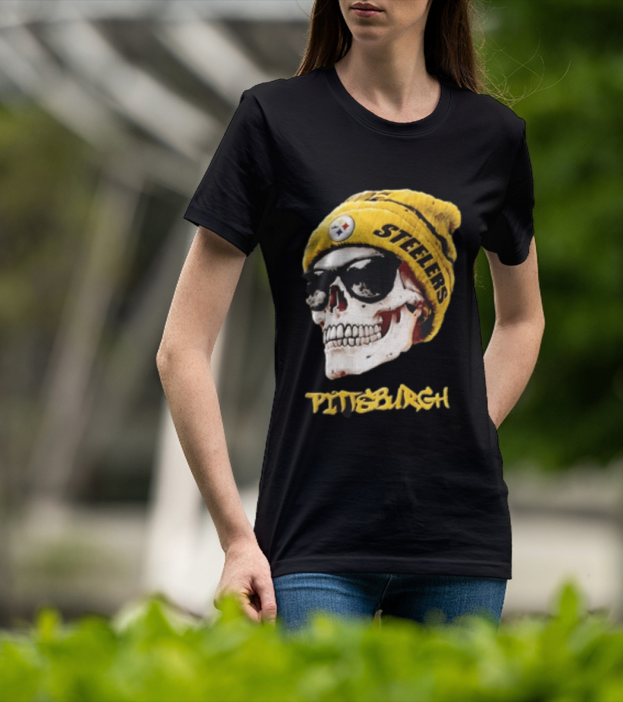 Pittsburgh Steelers Skull Yellow Beanie Sunglasses T-Shirt