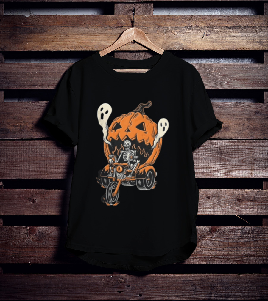Skeleton Riding Tricycle Inside Giant Pumpkin With Ghosts Halloween T-Shirt