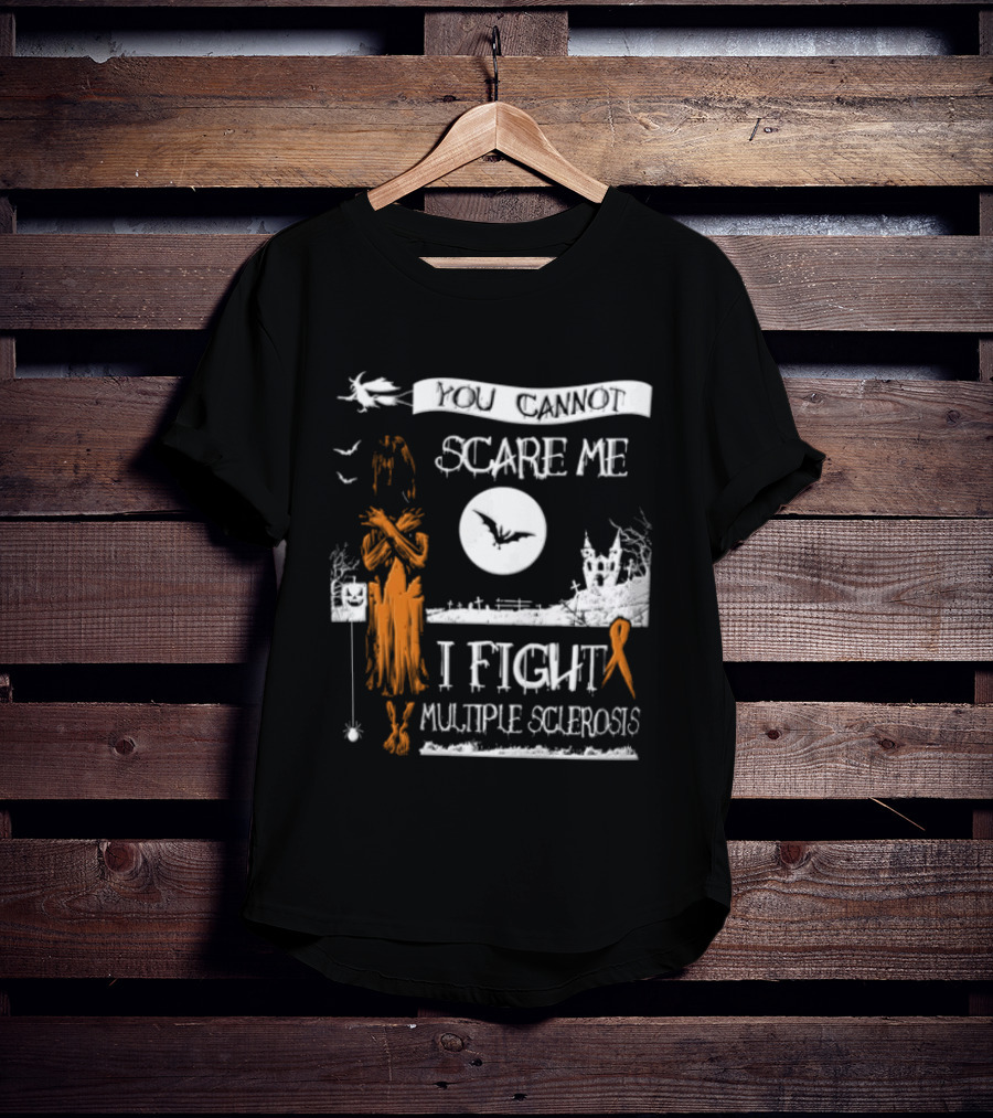 You Cannot Scare Me I Fight Multiple Sclerosis Halloween Witch Bats Moon Cemetery Ribbon T-Shirt