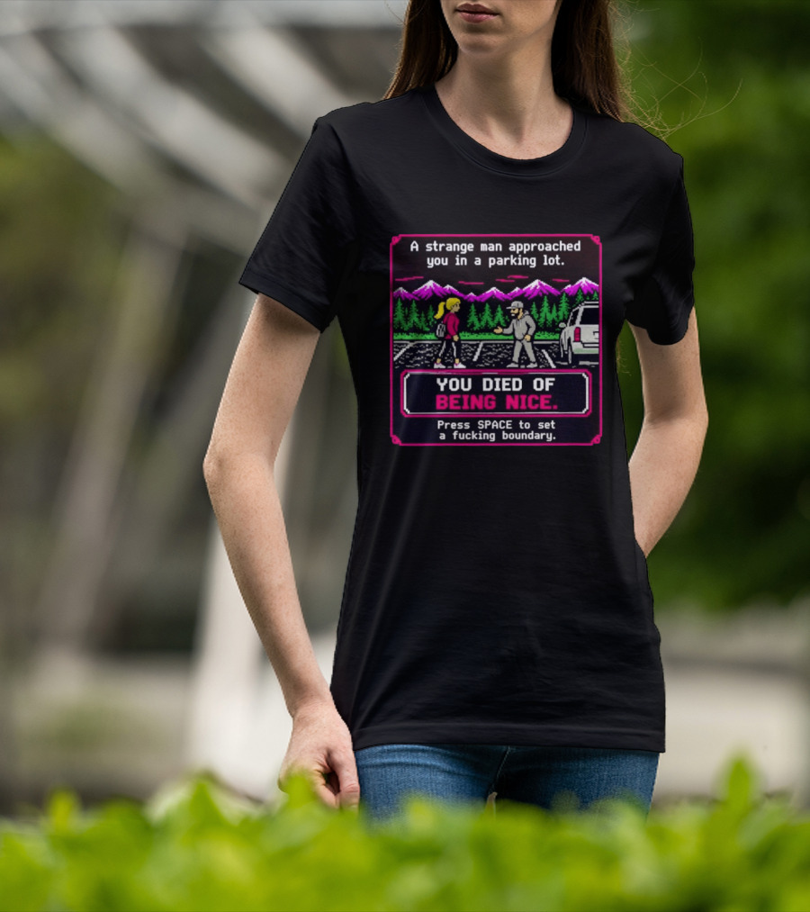 A Strange Man Approached You Arcade Style You Died Of Being Nice Press Space Boundary T-Shirt