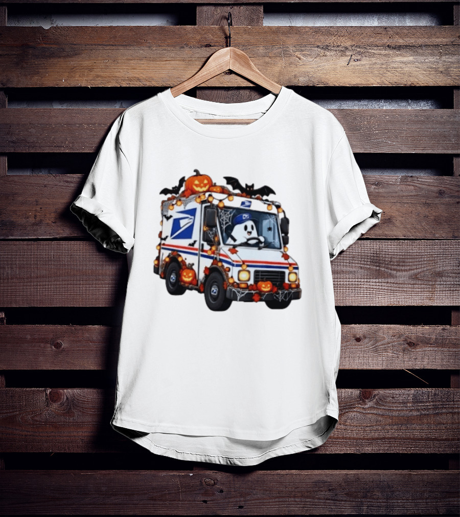 Halloween Ghost Driving USPS Mail Truck With Pumpkins And Bats T-Shirt