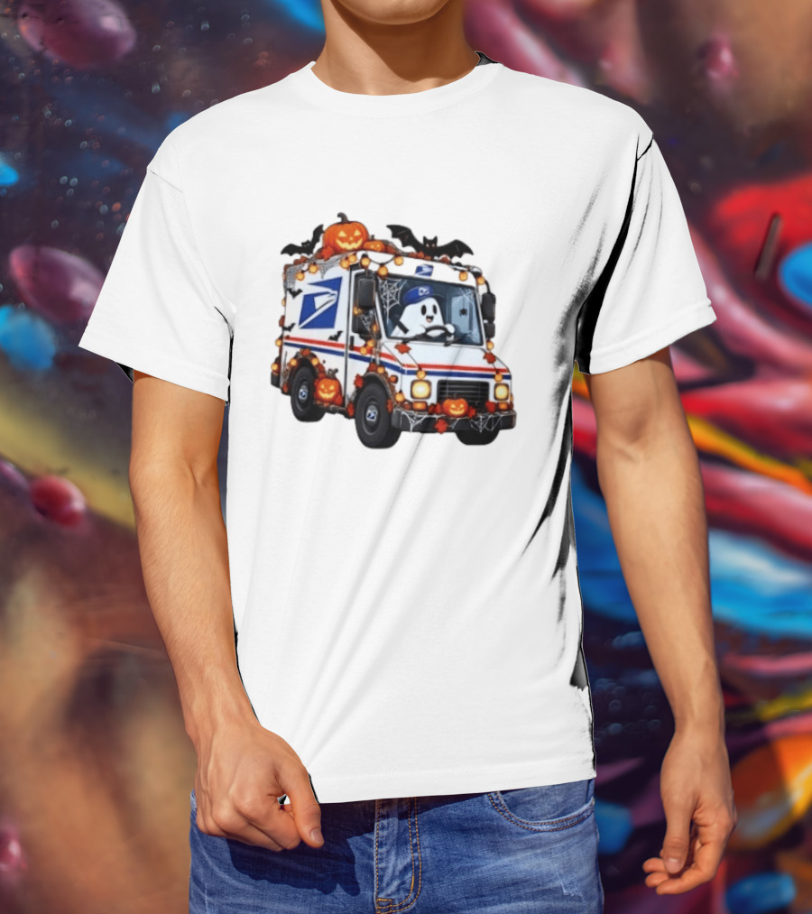 Halloween Ghost Driving USPS Mail Truck With Pumpkins And Bats T-Shirt