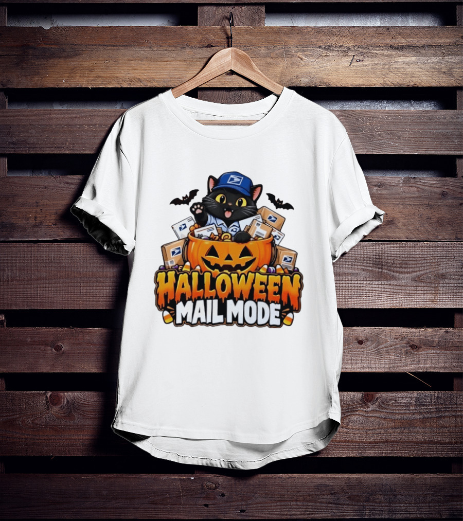 Halloween Mail Mode USPS Black Cat Pumpkin Postal Carrier T-Shirt