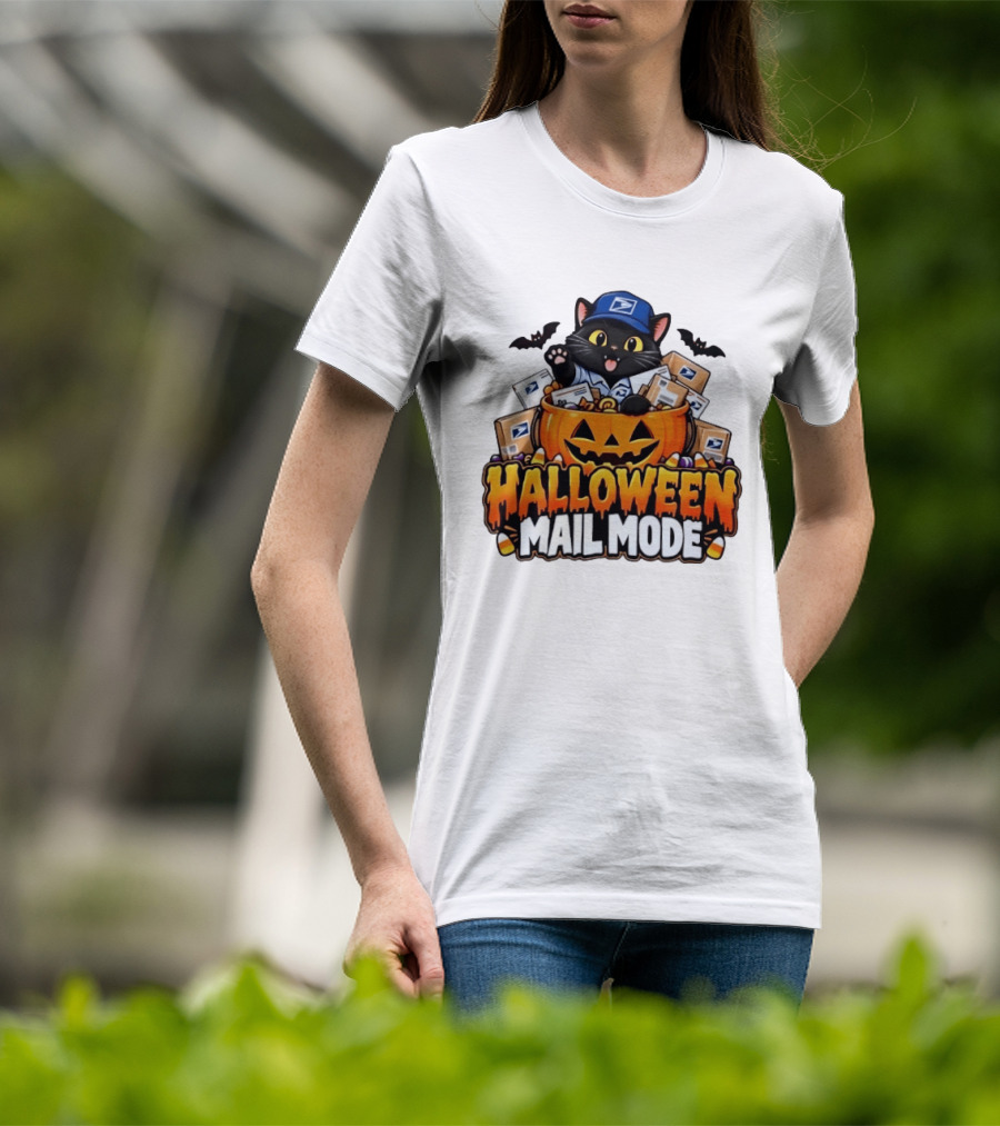 Halloween Mail Mode USPS Black Cat Pumpkin Postal Carrier T-Shirt