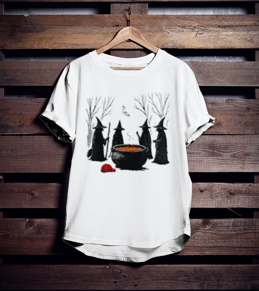 Witches Gathering Around Cauldron And Red Hat Halloween Scene T-Shirt