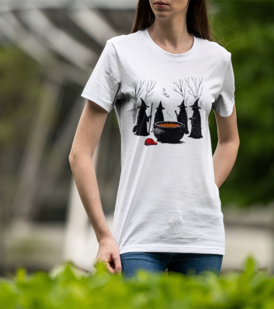 Witches Gathering Around Cauldron And Red Hat Halloween Scene T-Shirt