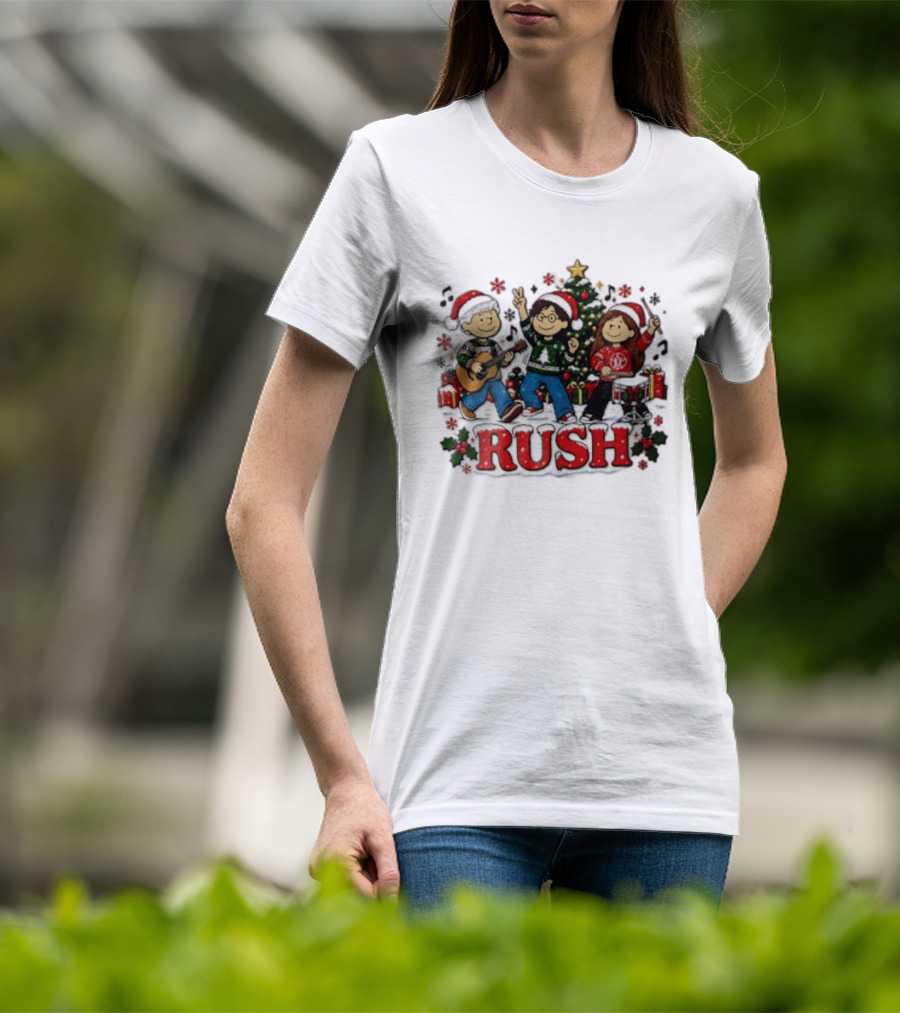 Rush Christmas Cartoon Characters Playing Instruments Festive Holiday Scene T-Shirt