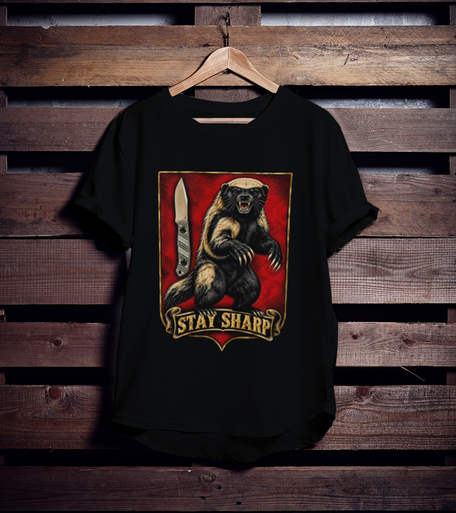 Stay Sharp Wolverine Knife Red Shield T-Shirt