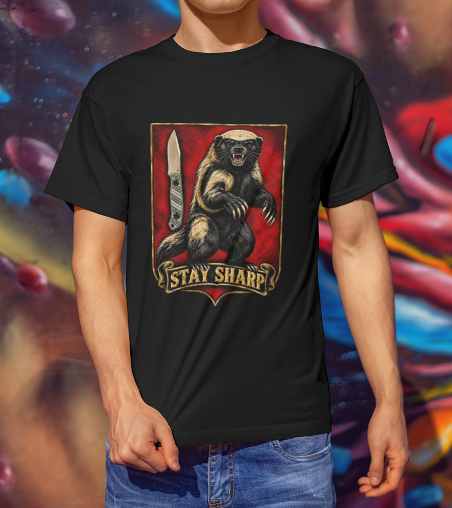 Stay Sharp Wolverine Knife Red Shield T-Shirt