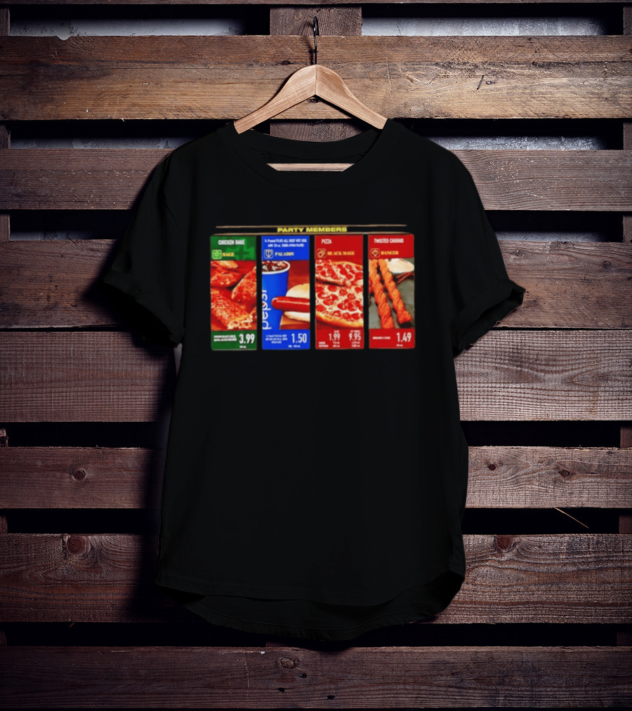 Party Members Menu Chicken Bake Sage Paladin Beverage Hot Dog Black Mage Pepperoni Pizza Dancer Twisted Churro T-Shirt