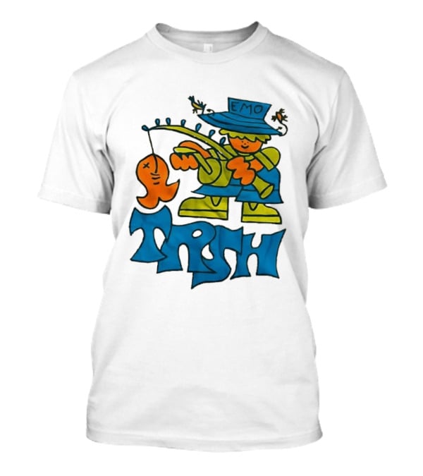 Emo Trsh Cartoon Fisherman Catching Orange Fish Wearing Blue And Green Outfit T-Shirt