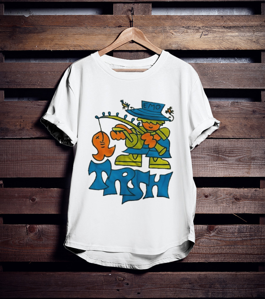 Emo Trsh Cartoon Fisherman Catching Orange Fish Wearing Blue And Green Outfit T-Shirt