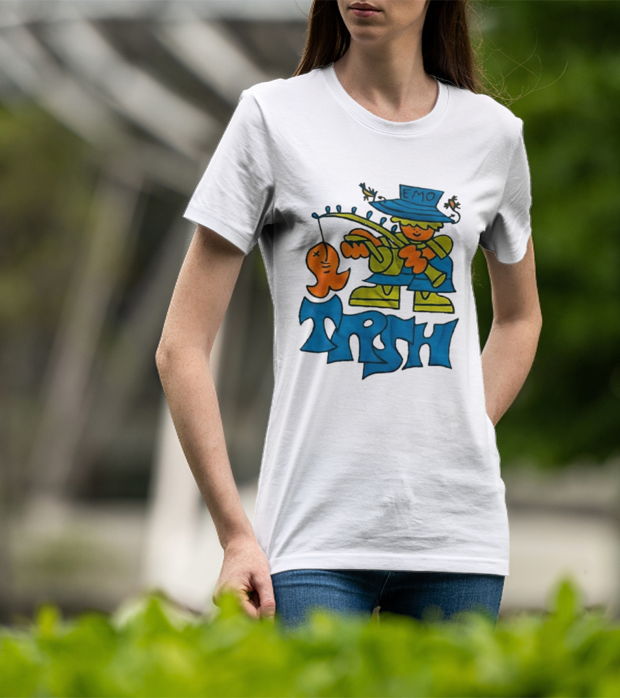 Emo Trsh Cartoon Fisherman Catching Orange Fish Wearing Blue And Green Outfit T-Shirt