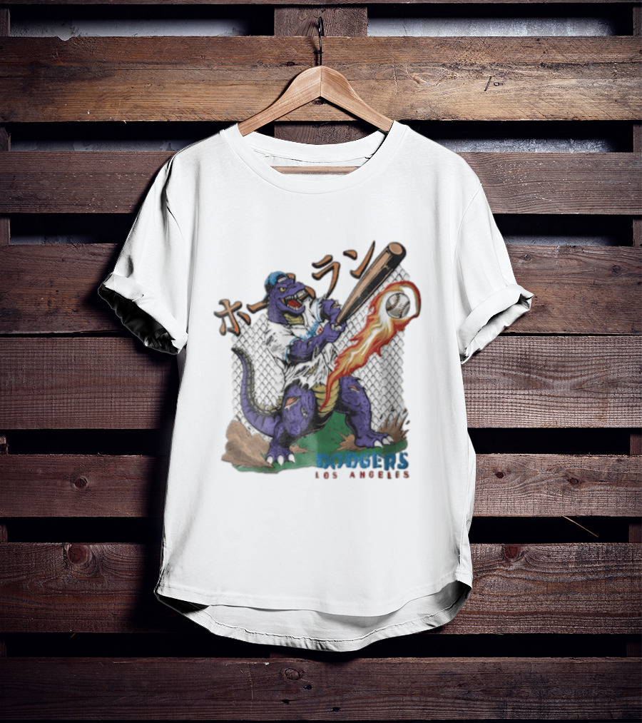 Dodgers Los Angeles Purple Dinosaur Baseball Player Batting With Flaming Ball T-Shirt