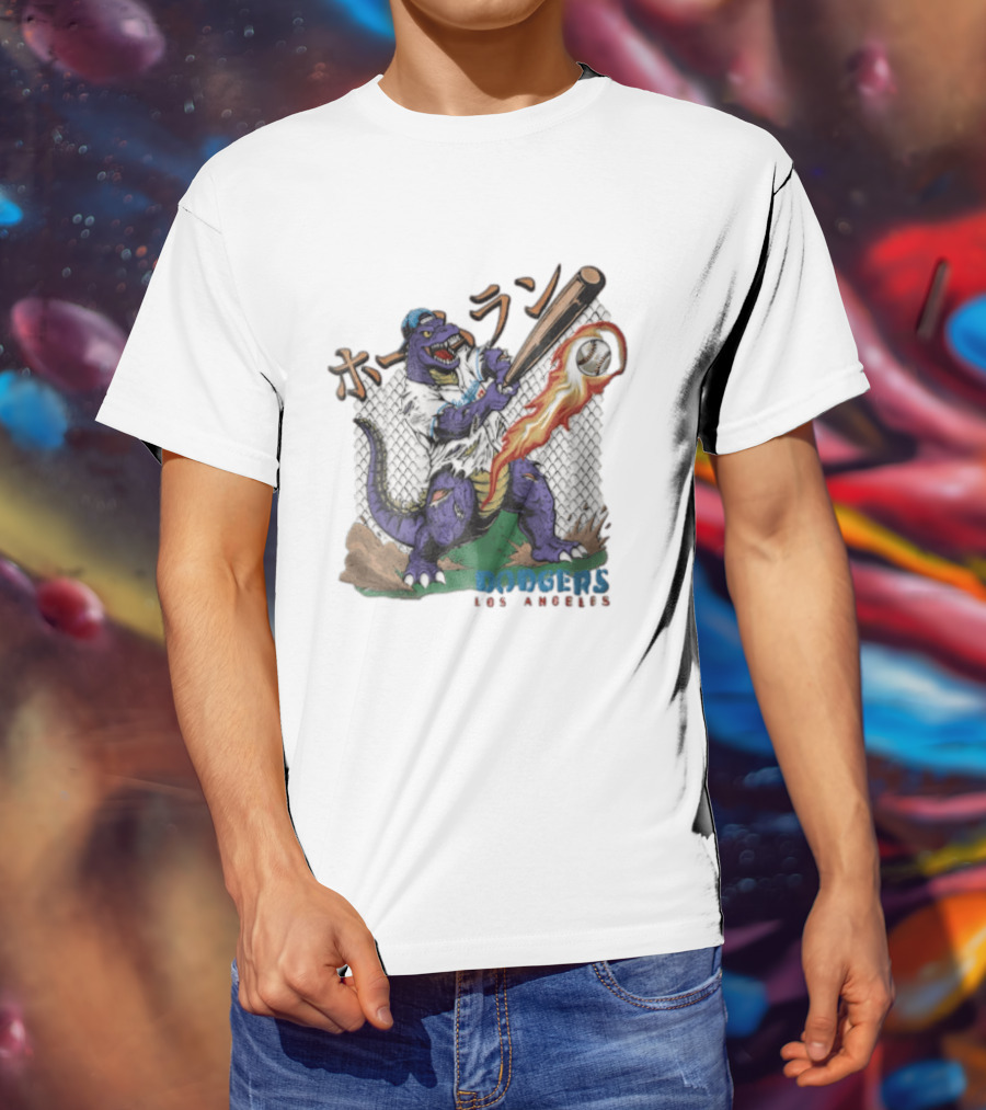 Dodgers Los Angeles Purple Dinosaur Baseball Player Batting With Flaming Ball T-Shirt