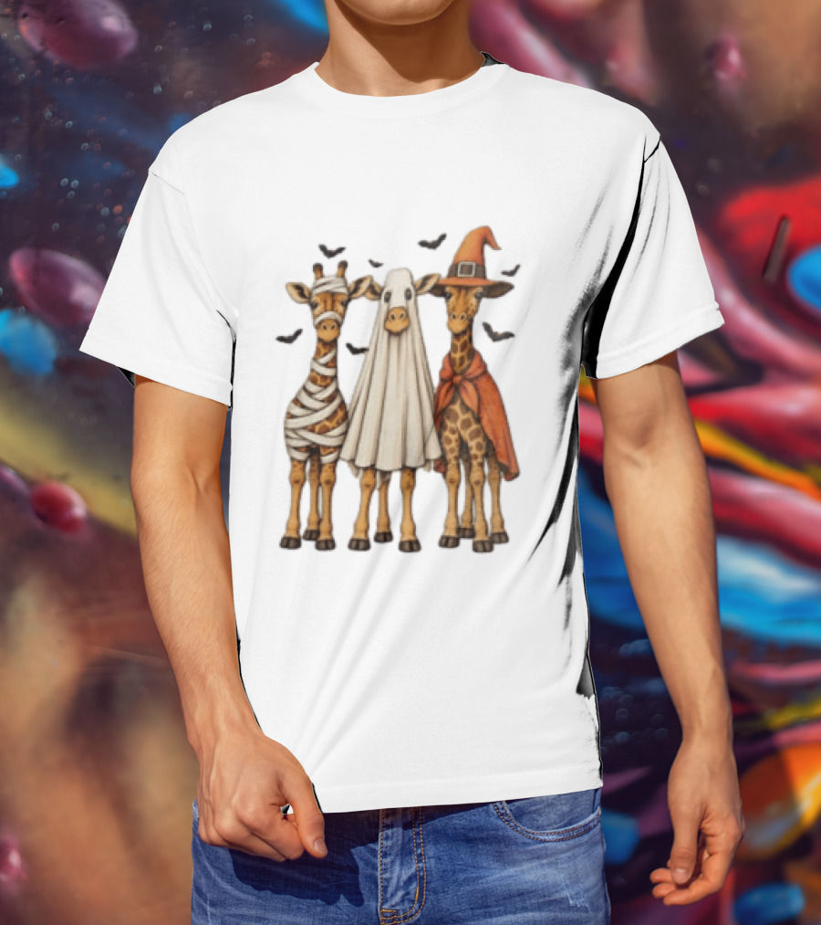 Giraffe Costume Halloween Mummy Ghost Witch Trio T-Shirt