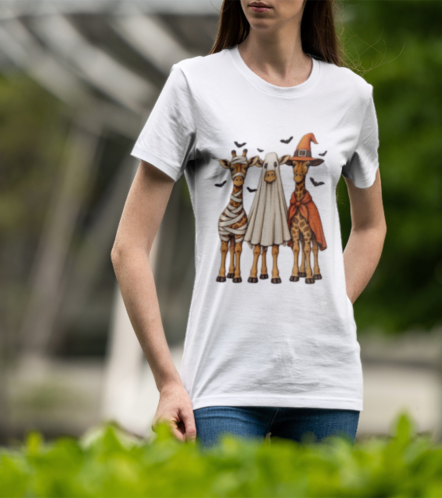 Giraffe Costume Halloween Mummy Ghost Witch Trio T-Shirt