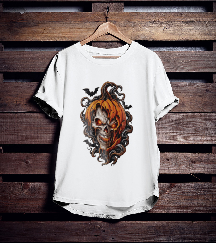 Skull Rage Halloween Pumpkin With Bats And Flames T-Shirt
