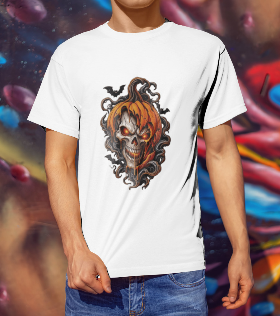 Skull Rage Halloween Pumpkin With Bats And Flames T-Shirt