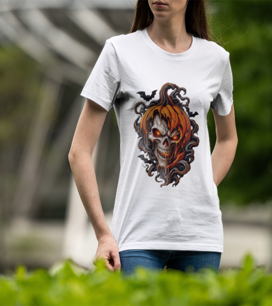 Skull Rage Halloween Pumpkin With Bats And Flames T-Shirt